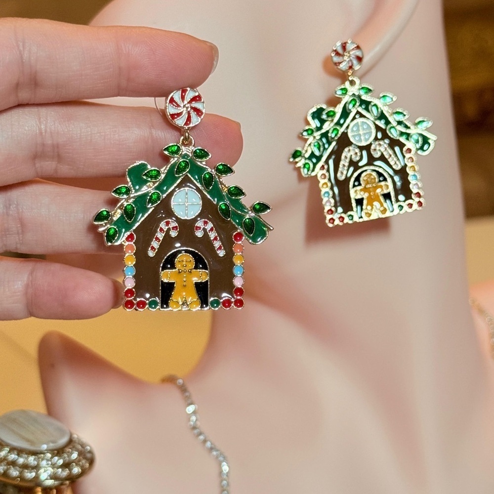 Gingerbread House Earrings - Green, Red, Brown. - Picture 5 of 9